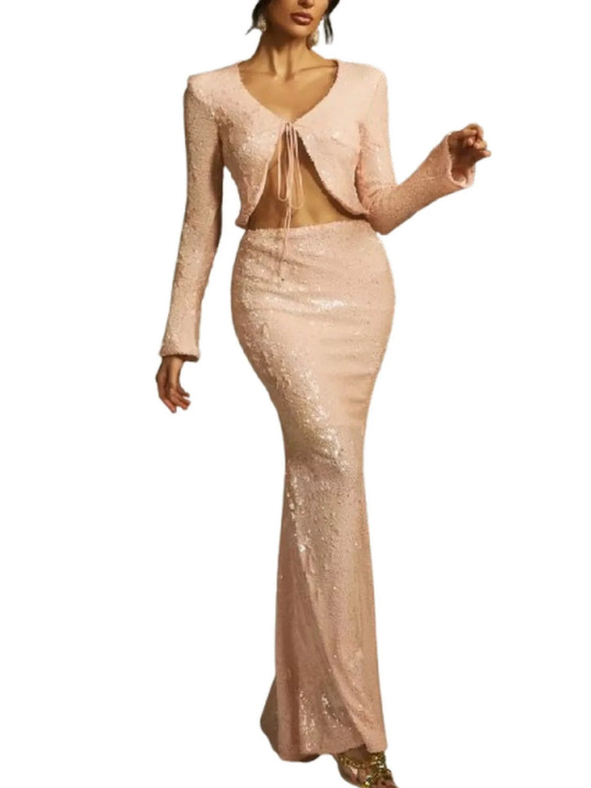 Sequin Cardigan and Skirt Set in Light Beige