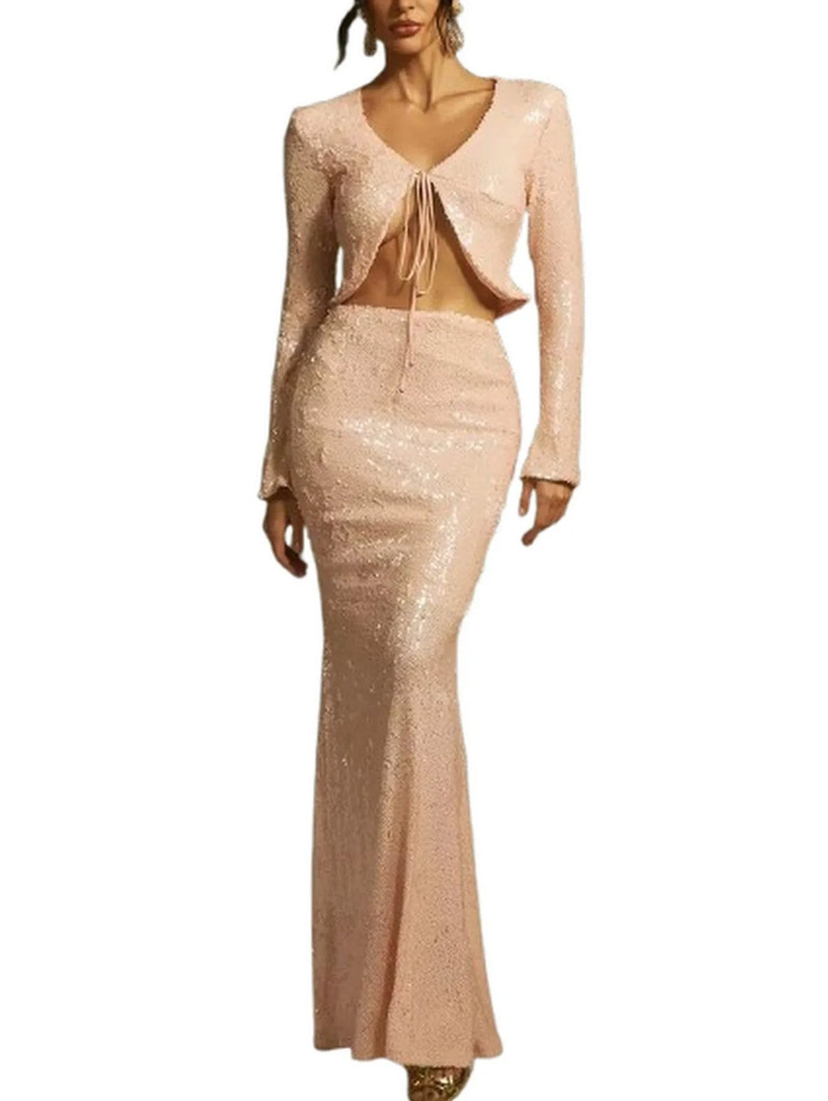 Sequin Cardigan and Skirt Set in Light Beige